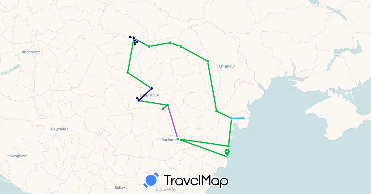 TravelMap itinerary: driving, bus, plane, train, hiking, boat in Romania, Ukraine (Europe)