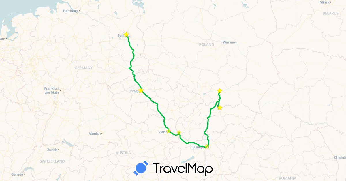 TravelMap itinerary: driving, bus in Austria, Czech Republic, Germany, Hungary, Poland, Slovakia (Europe)
